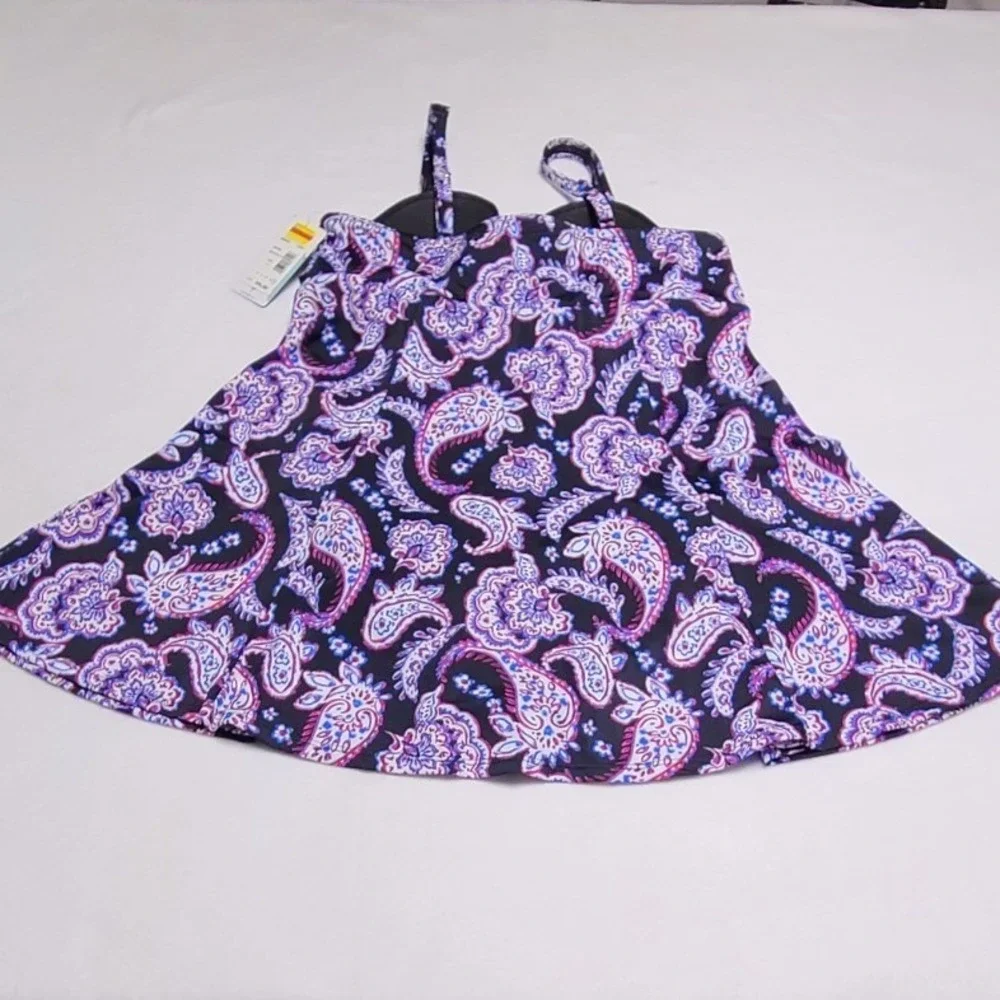 Swim Solutions Women's Paisley Twist Knot Swim Dress One Piece Black Purple